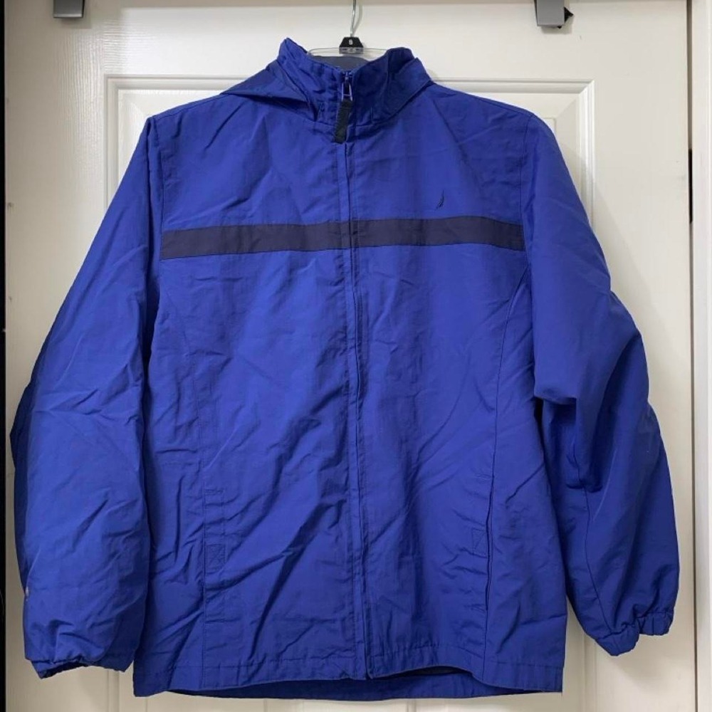 Nautica Boys Blue Windbreaker Jacket Black Stripe Full Zip Hooded Kids XXL 16